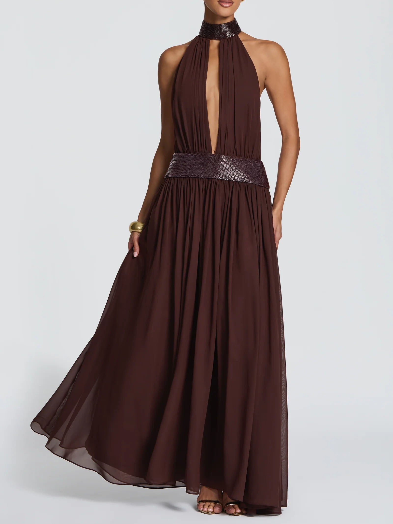 Elegant Halter Neck Sequin Chiffon Maxi Dress
