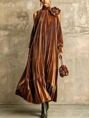 Pleated Velvet Cold Shoulder Floral Maxi Dress