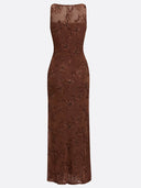 Elegant Floral Embroidered Mesh Ruched Maxi Dress