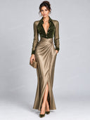 Elegant Velvet Panel Bodysuit & Ruched Wrap Skirt Two Piece Set