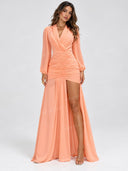 Elegant Ruched Wrap High Slit Maxi Dress