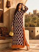 Exquisite Printed Feather-Trim Side-Slit Maxi Dress