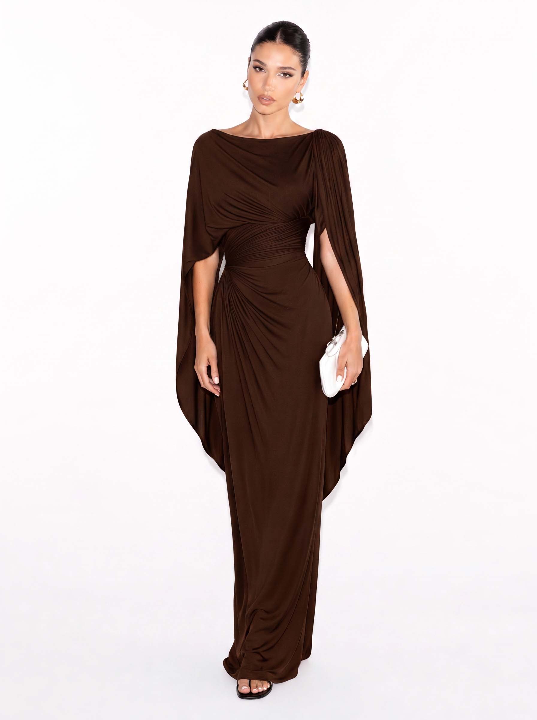 Boat Neck Pleated Slim Fit Maxi Dress
