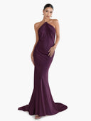 Elegant Halter-neck Draped Satin Train Maxi Dress