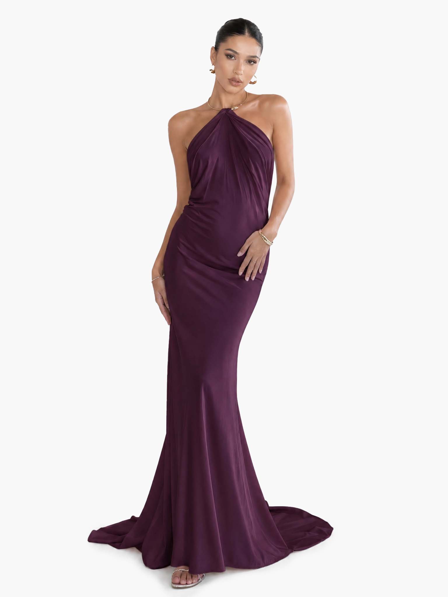 Elegant Halter-neck Draped Satin Train Maxi Dress