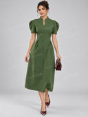 Structured Puff Sleeve Stand Collar Midi Dress