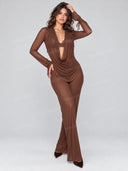 Sexy Draped Plunge Neck Top & Flare Pants Two Piece Set