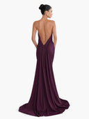 Elegant Halter-neck Draped Satin Train Maxi Dress