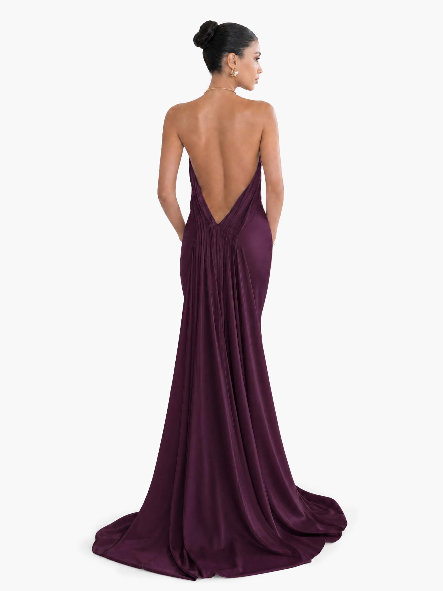 Elegant Halter-neck Draped Satin Train Maxi Dress