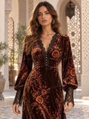 Retro Floral Velvet Lace Trim Maxi Dress