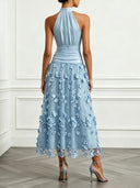 Elegant Halter Ruched 3D Floral Mesh Midi Dress