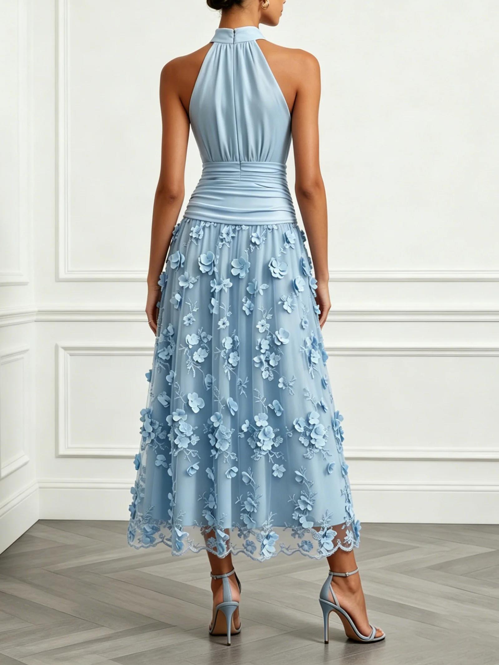 Elegant Halter Ruched 3D Floral Mesh Midi Dress