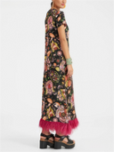 Floral Print Short Sleeve Feather Trim Maxi Dress