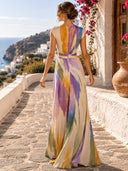Elegant Abstract Watercolor Print Ruched Waist Maxi Dress