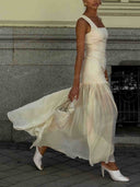 Elegant Faux Leather Ruffle Hem Maxi Dress