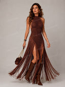 Sexy Crochet Halter Neck Fringe Maxi Dress
