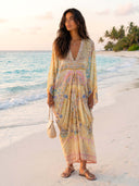 Retro Colorful Floral Print Silk-Feel Kaftan Maxi Dress