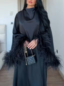 Elegant Feather-Trim Batwing Sleeve Maxi Dress