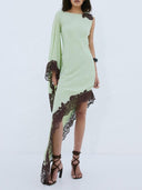 Elegant Asymmetric Lace Trim One Shoulder Maxi Dress