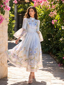 Retro Garden Print Flared Sleeve Midi Dress