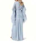 Elegant V-Neck Feather Cuff Flowing Chiffon Maxi Dress