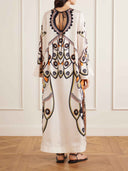 Retro Floral Geometric Print Satin Kaftan Maxi Dress