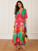 Boho Floral Print Deep V-Neck Flowy Maxi Dress