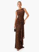 Elegant Floral Embroidered Mesh Ruched Maxi Dress