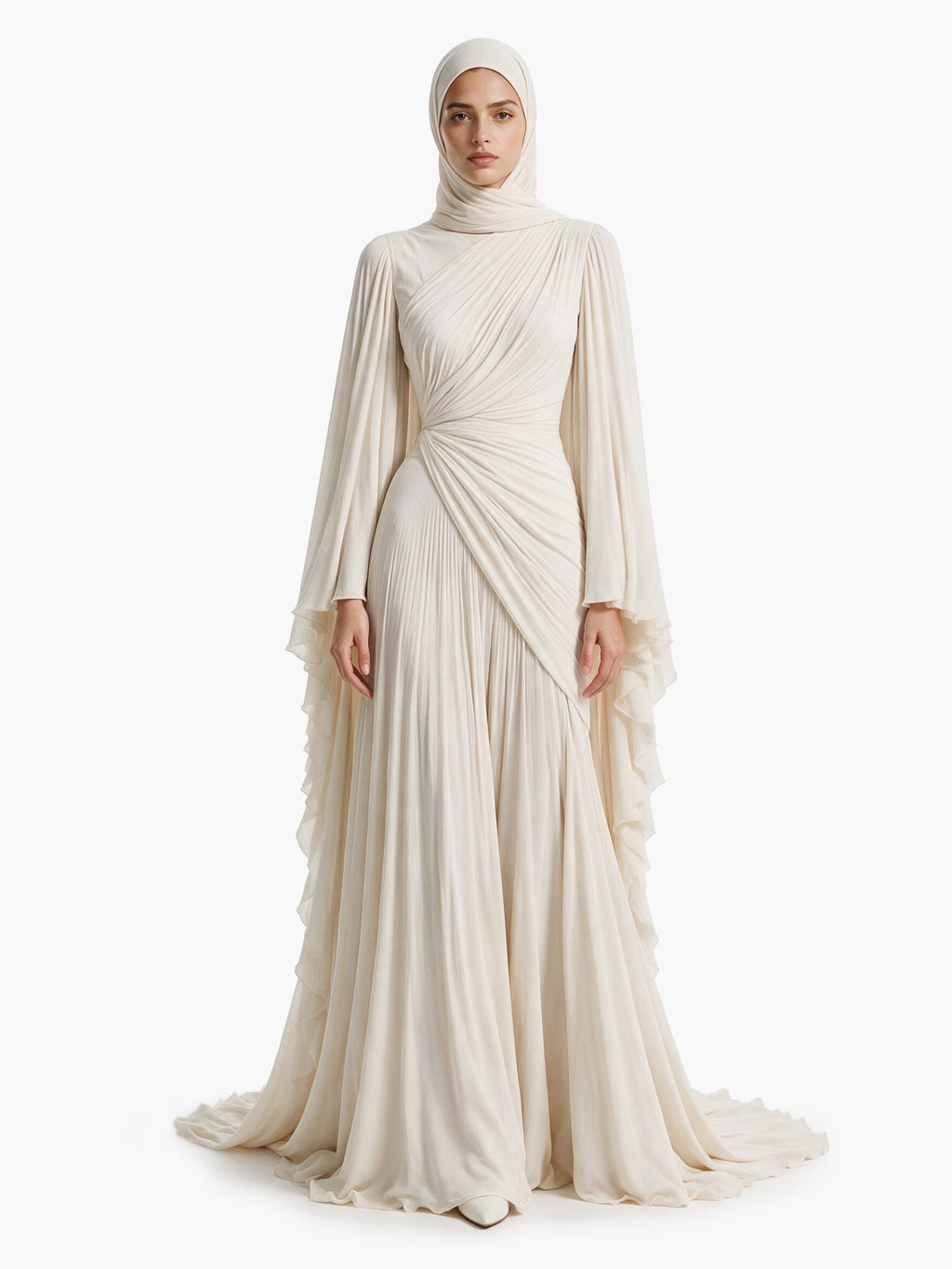 Elegant Pleated High-Neck Cape Sleeve Chiffon Maxi Dress