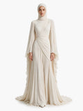 Elegant Pleated High-Neck Cape Sleeve Chiffon Maxi Dress