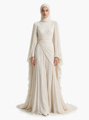Elegant Pleated High-Neck Cape Sleeve Chiffon Maxi Dress