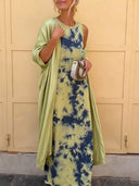 Retro Tie Dye Satin Sleeveless Maxi Dress Two Piece Set