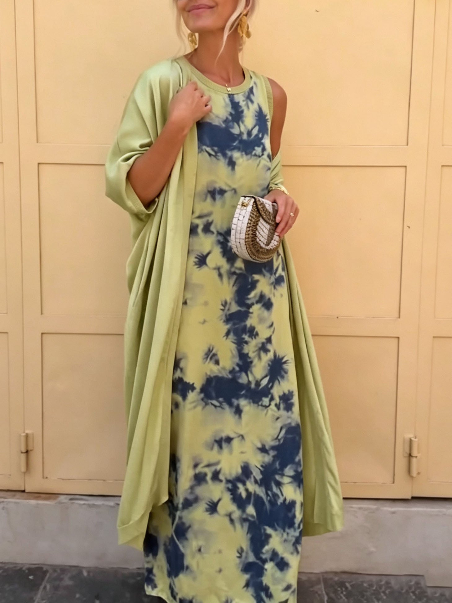 Retro Tie Dye Satin Sleeveless Maxi Dress Two Piece Set