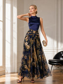 Elegant High Neck Satin Floral Chiffon Maxi Dress