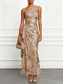 Elegant Floral Sequin One-Shoulder Ruched Maxi Dress