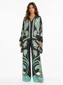 Elegant Abstract Print Satin Shirt & Wide Leg Pants Set