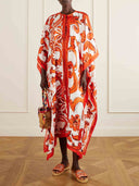 Elegant Self-Tie Satin Print Flowing Kaftan Maxi Dress