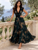 Elegant Floral Print Lace Trim Tiered Maxi Dress