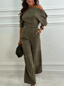 Elegant Asymmetric Top & Wide-Leg Pants Two-Piece Set