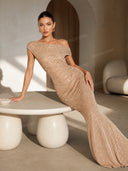 Off-Shoulder Shiny Pleated Maxi Dress