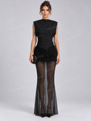 Sexy Sleeveless Feather Trim Mesh Maxi Dress