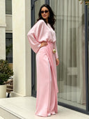 Elegant Satin Blouse & Draped Maxi Skirt Two-Piece Set