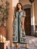 Unique Retro Moroccan Print Belted Linen Midi Dress
