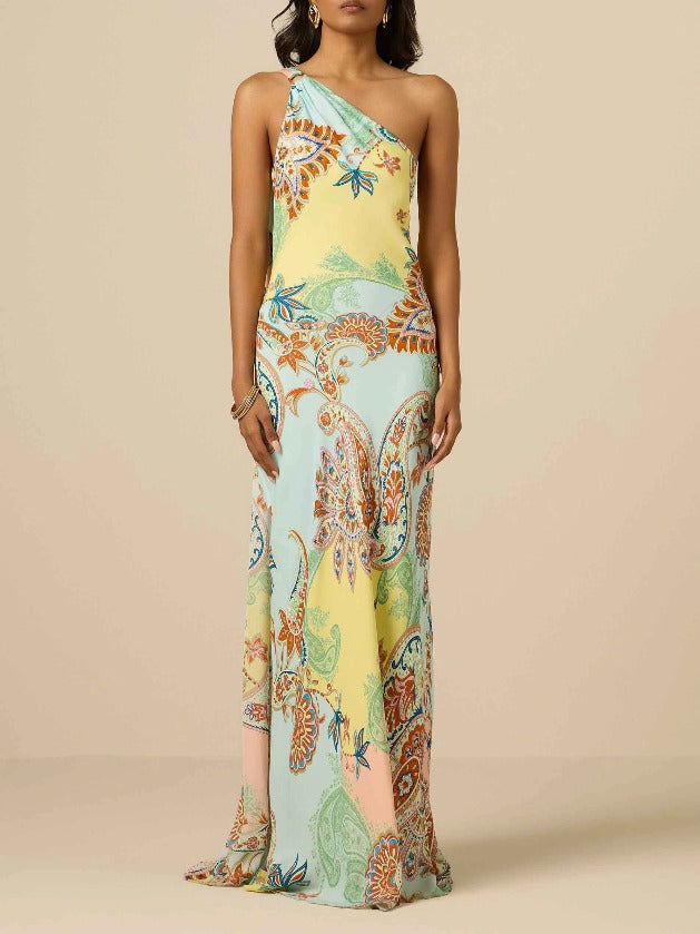 Elegant Bohemian Paisley Printed Satin Maxi Dress
