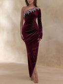 Elegant Embellished One Shoulder Ruched Velvet Maxi Dress
