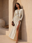 Casual Crew Neck Pleated Slit Maxi Dress