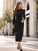 Structured Shoulder High Neck Midi Dress