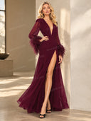 Feather Design Front Slit Maxi Dress