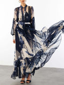 Elegant Abstract Floral Print Sheer Chiffon Maxi Dress