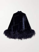 Elegant Mock Neck Feather Trim Velvet Mini Dress